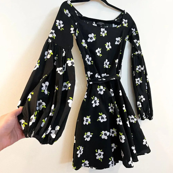 Caroline Constas Black Floral Belted Off-the-Shoulder Long Sleeve Mini Dress XS - Picture 3 of 10